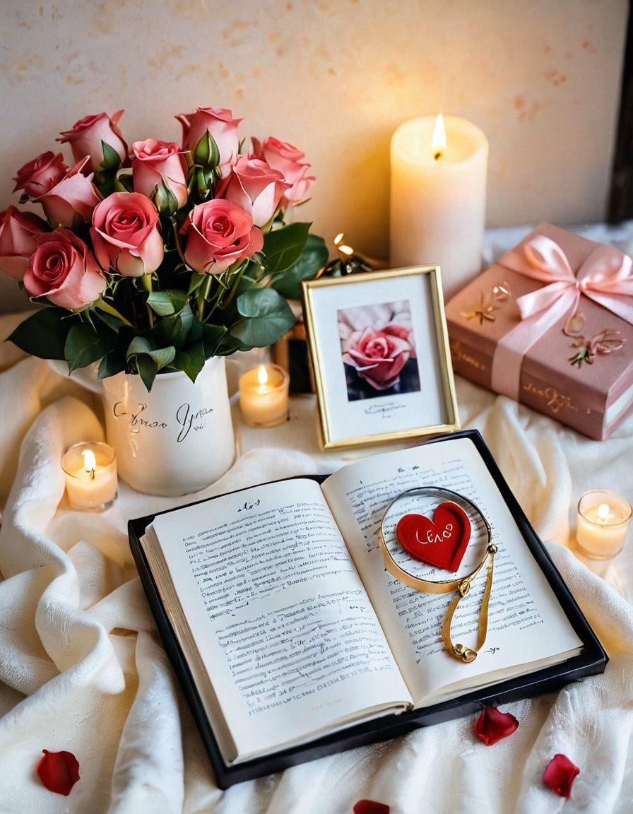 A beautifully arranged scene featuring ten unique and heartfelt gifts, including a love letter, a sparkling ring, a hand-painted mug, a scrapbook, a personalized photo frame, a fragrant candle, a cozy blanket, a unique piece of jewelry, a plant with a love note, and a romantic book. The gifts should be surrounded by soft, warm lighting to evoke a sense of love and warmth, with delicate rose petals scattered around for added romance. The background should be softly blurred to emphasize the gifts, creating an intimate atmosphere. super-realistic. warm colors. soft focus.