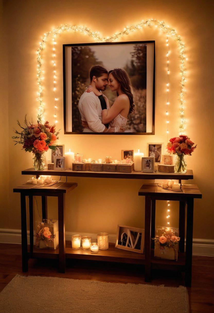 A beautifully arranged gift table featuring unique presents for couples, like personalized photo frames, custom love locks, and heart-shaped candles, all displayed under soft, warm lighting. In the background, a cozy ambiance with romantic decorations, such as fairy lights and flower arrangements, sets the mood. The scene captures a sense of intimacy and thoughtfulness, inviting viewers to explore the concept of love. soft focus. warm colors. romantic style.