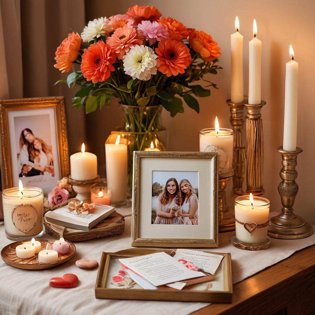 A beautifully arranged table featuring unique, heartfelt gifts like personalized photo frames, love letters, and friendship bracelets, surrounded by candles and soft flowers. The colors should be warm and inviting, creating a cozy atmosphere of connection and celebration. Include subtle heart motifs in the background to symbolize love and bonding. super-realistic. warm tones. soft lighting.